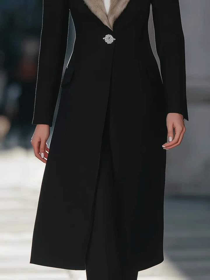 Black Longline Coat With Faux Fur Shawl Collar & Crystal Brooch Closure - Longline Coat CASA LARO