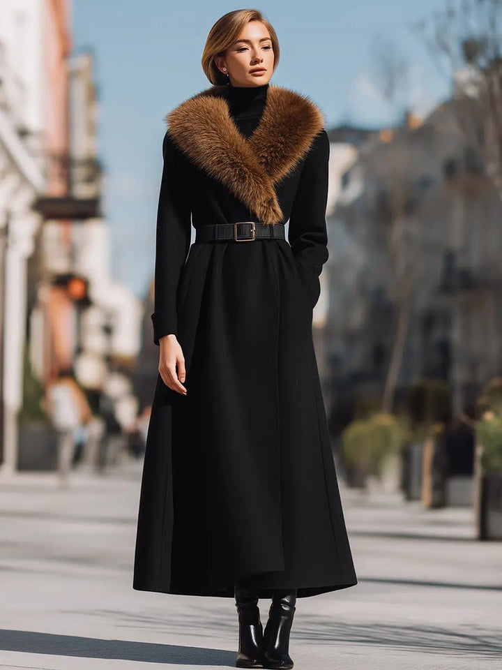 Black Wool with Wide Faux Fur Collar - Women's Wool Coat CASA LARO