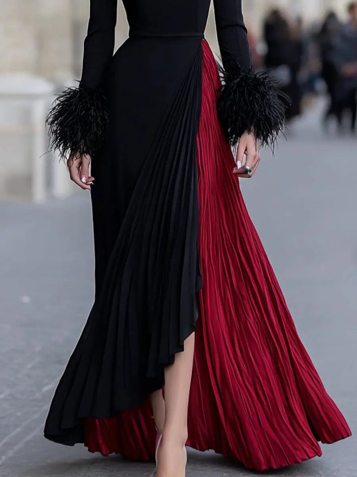 Black and Red Pleated Feather-Cuff Gown - Maxi Dress CASA LARO