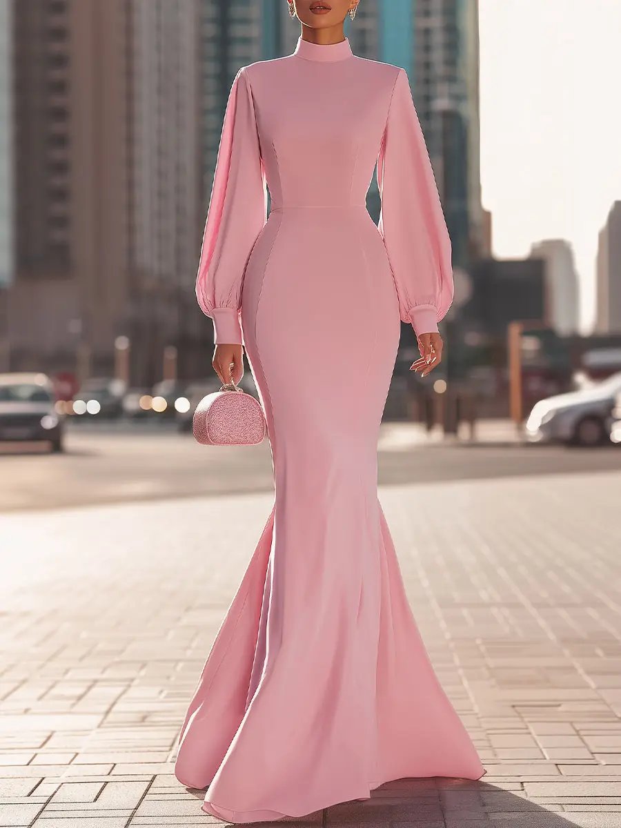 Blush Pink High‑Neck Mermaid Silhouette With Balloon Sleeves - Maxi Dress CASA LARO