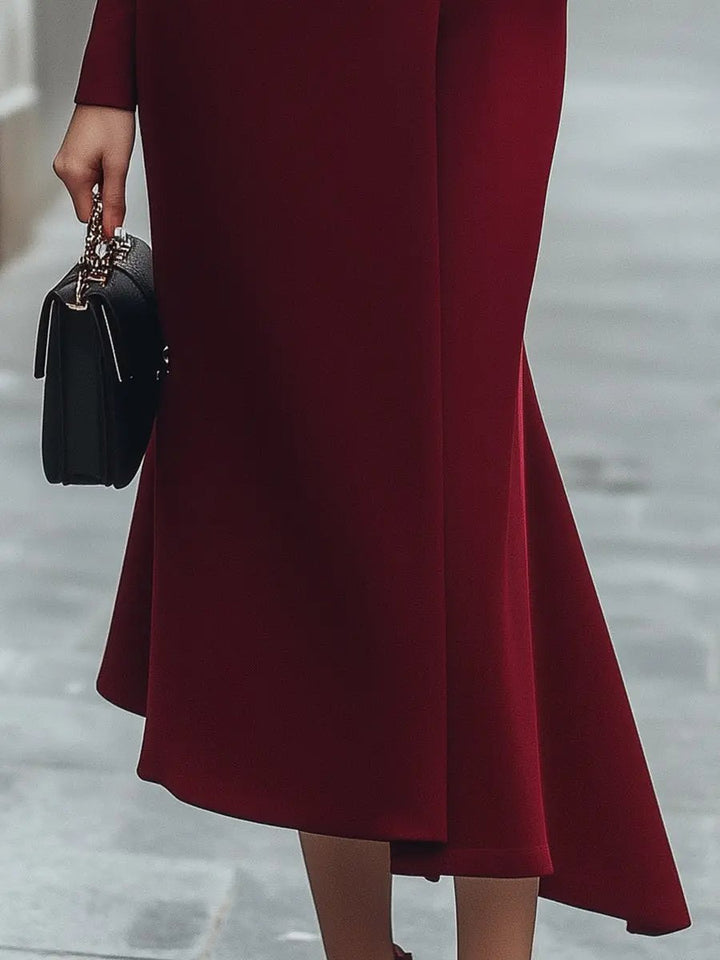 Burgundy Asymmetric Button-Front Long-Sleeve - Midi Dress CASA LARO