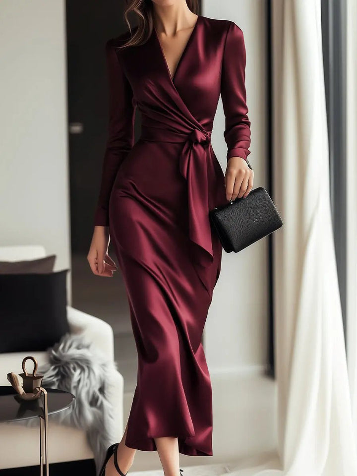 Burgundy Satin Wrap with Waist Tie Detail - Wrap Dress CASA LARO