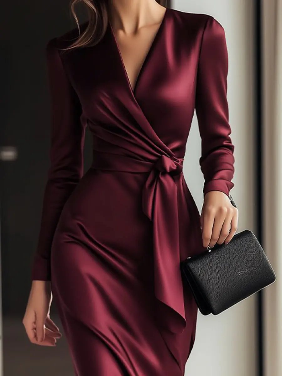 Burgundy Satin Wrap with Waist Tie Detail - Wrap Dress CASA LARO