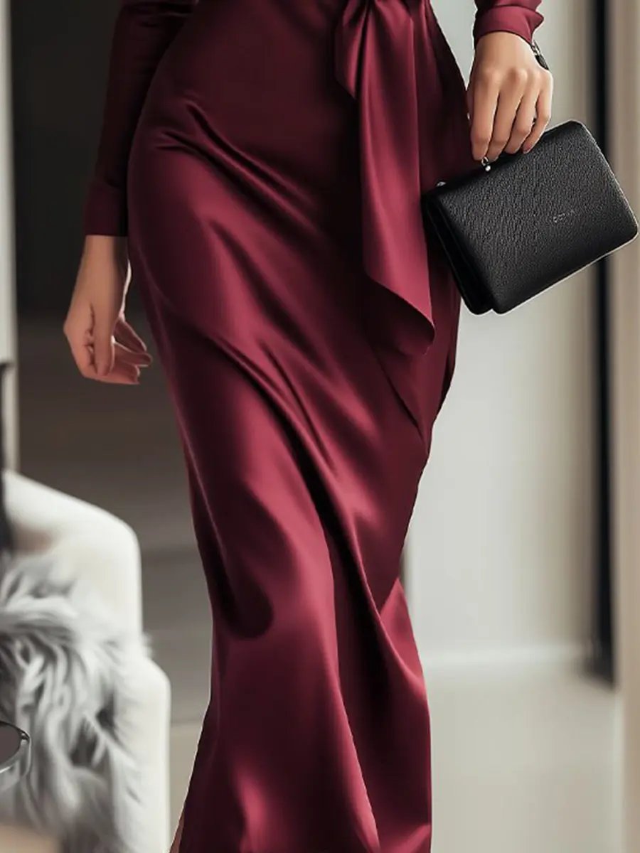 Burgundy Satin Wrap with Waist Tie Detail - Wrap Dress CASA LARO