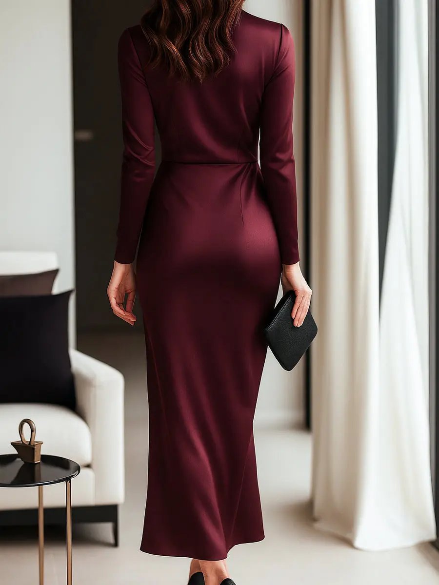 Burgundy Satin Wrap with Waist Tie Detail - Wrap Dress CASA LARO