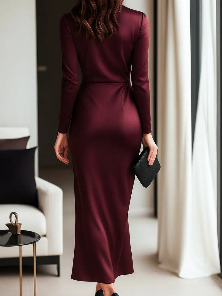 Burgundy Satin Wrap with Waist Tie Detail - Wrap Dress CASA LARO
