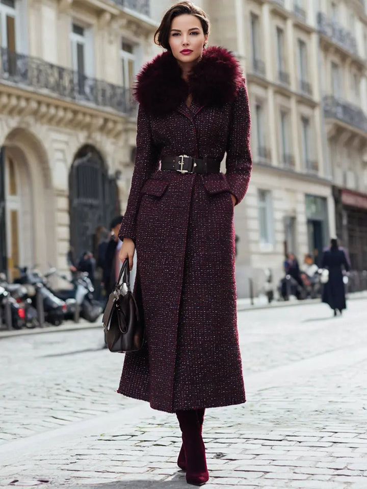 Burgundy Tweed With Faux Fur Collar And Belted Waist - Coat CASA LARO