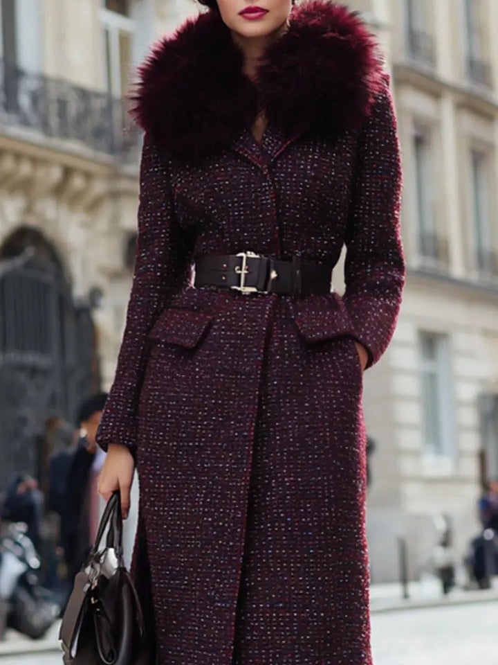 Burgundy Tweed With Faux Fur Collar And Belted Waist - Coat CASA LARO