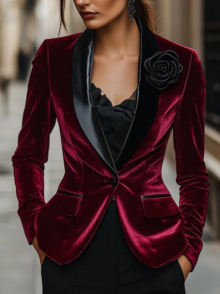 Burgundy Velvet with Satin Lapels & Black Rose Detail - Blazer CASA LARO