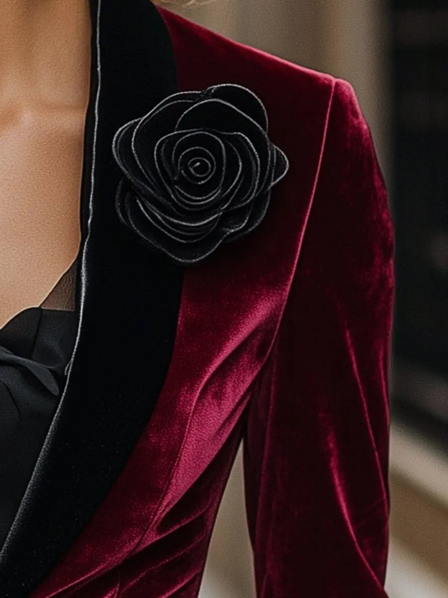 Burgundy Velvet with Satin Lapels & Black Rose Detail - Blazer CASA LARO
