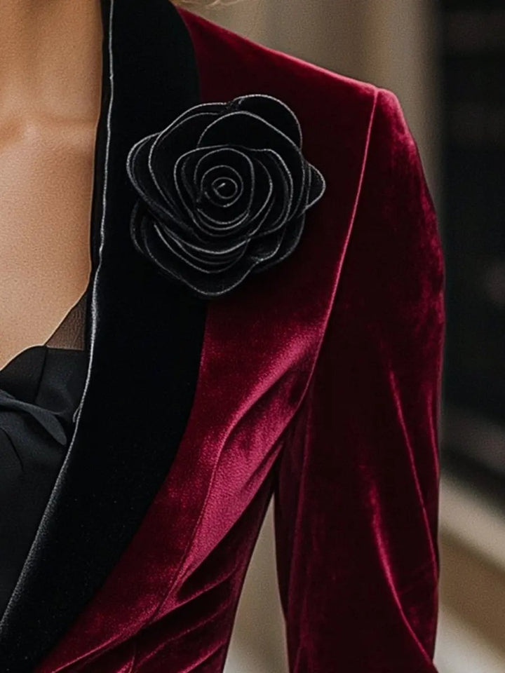 Burgundy Velvet with Satin Lapels & Black Rose Detail - Blazer CASA LARO