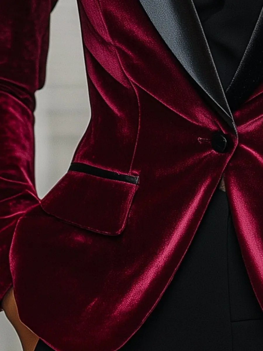 Burgundy Velvet with Satin Lapels & Black Rose Detail - Blazer CASA LARO
