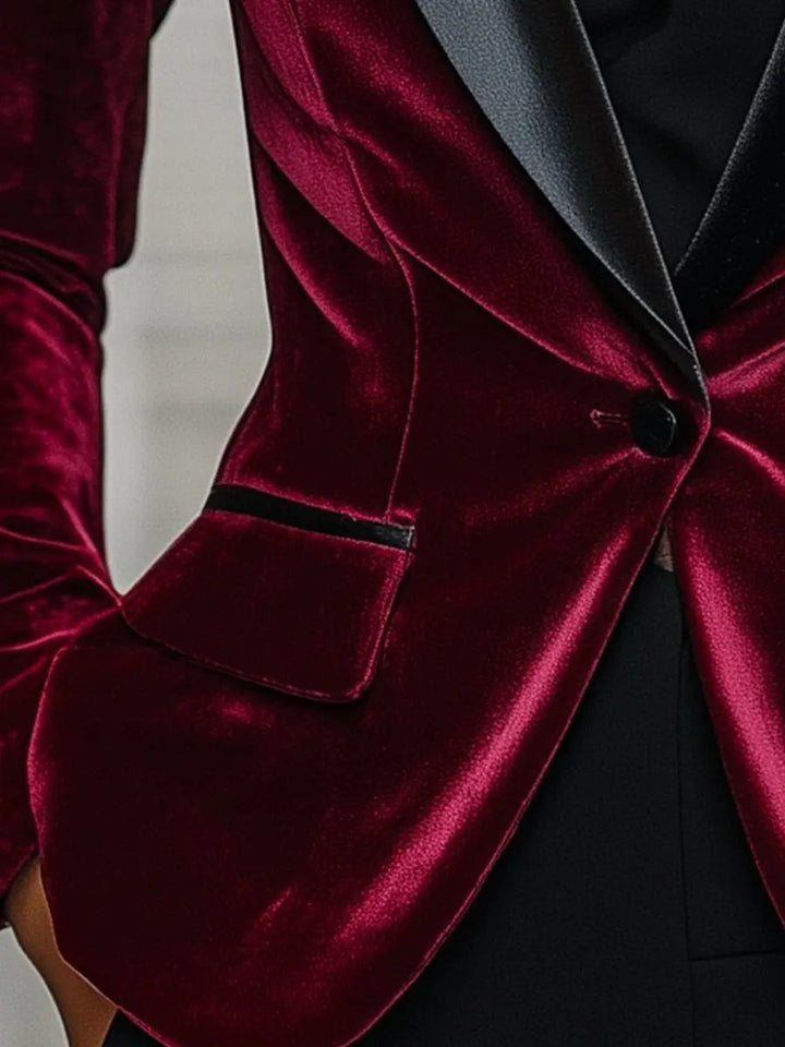 Burgundy Velvet with Satin Lapels & Black Rose Detail - Blazer CASA LARO