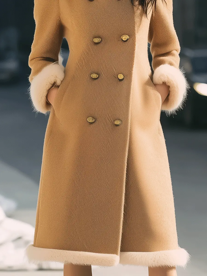 Camel Double-Breasted with Contrast Fur Trim - Coat CASA LARO