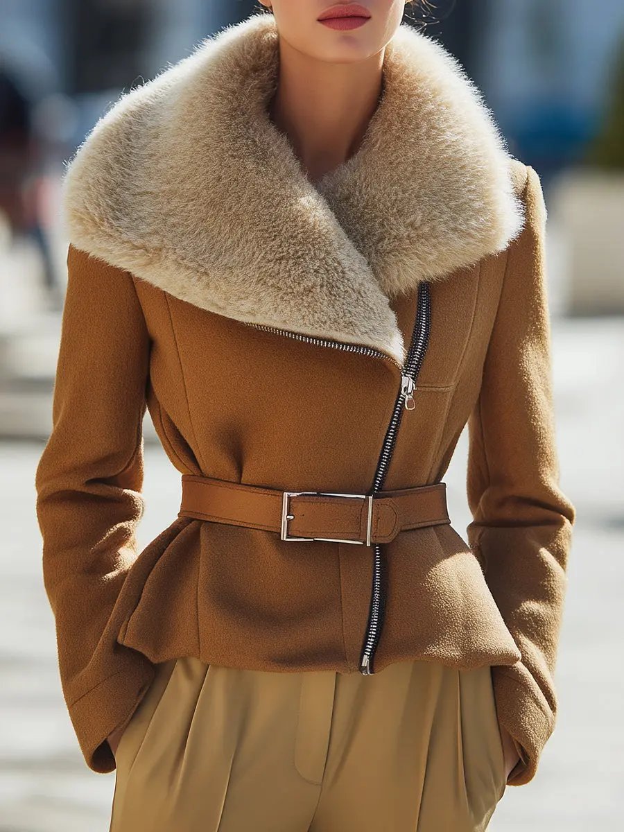 Caramel Wool Oversized Shearling Collar - Shearling Jacket CASA LARO