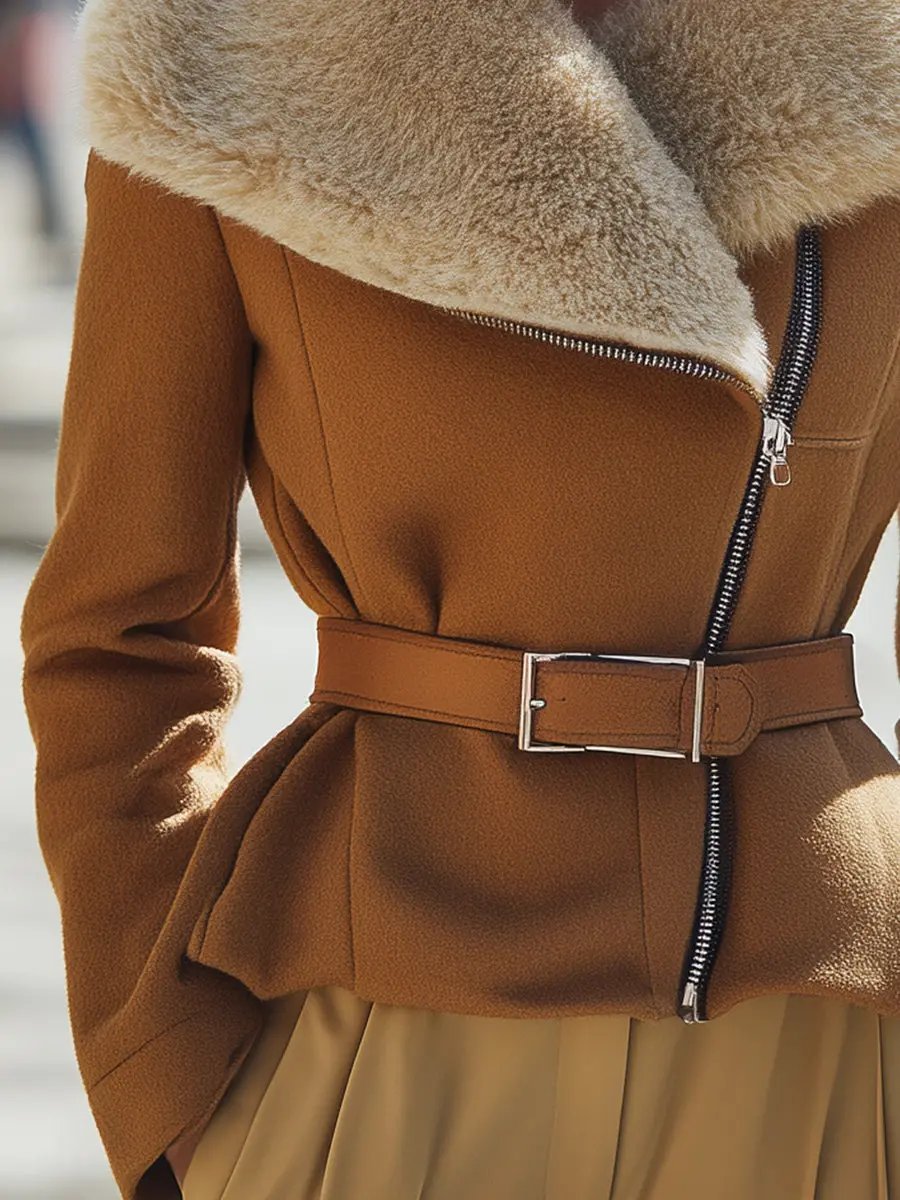 Caramel Wool Oversized Shearling Collar - Shearling Jacket CASA LARO