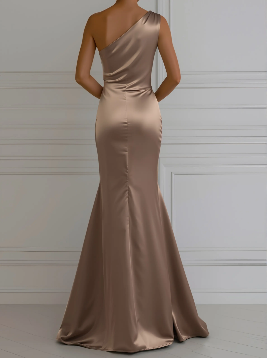 Champagne Satin One-Shoulder Evening - Maxi Dress CASA LARO