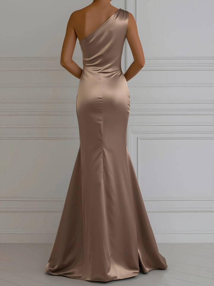 Champagne Satin One-Shoulder Evening - Maxi Dress CASA LARO