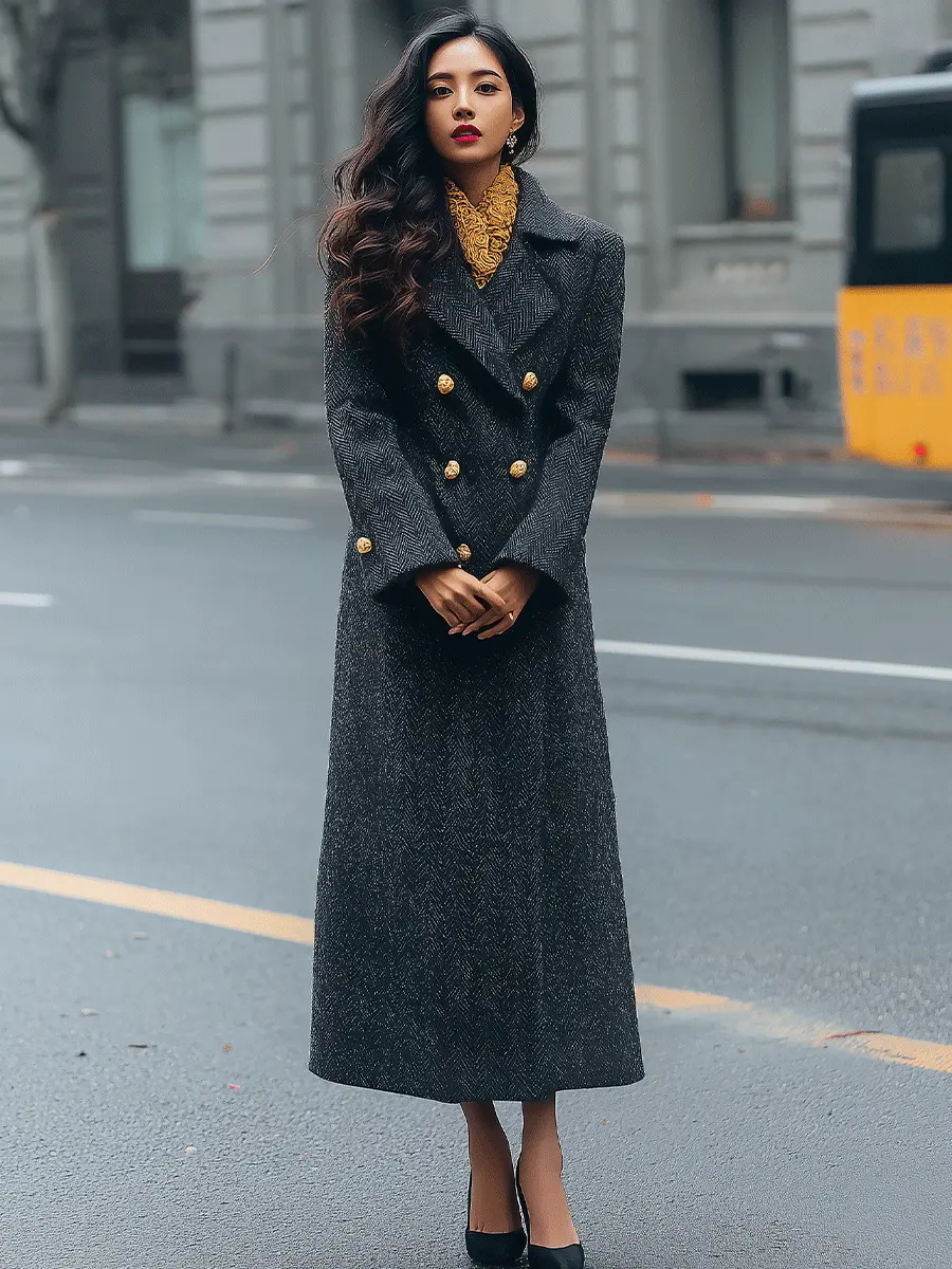 Charcoal Herringbone Double-Breasted Tailored - Long Coat CASA LARO
