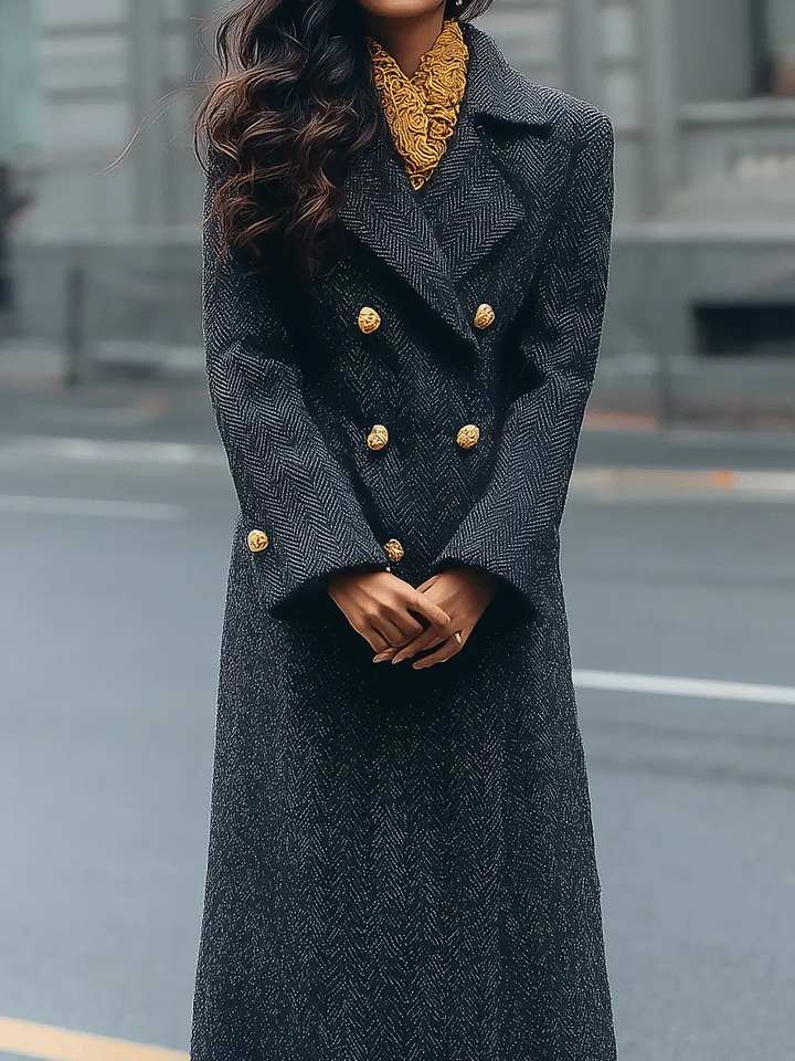 Charcoal Herringbone Double-Breasted Tailored - Long Coat CASA LARO