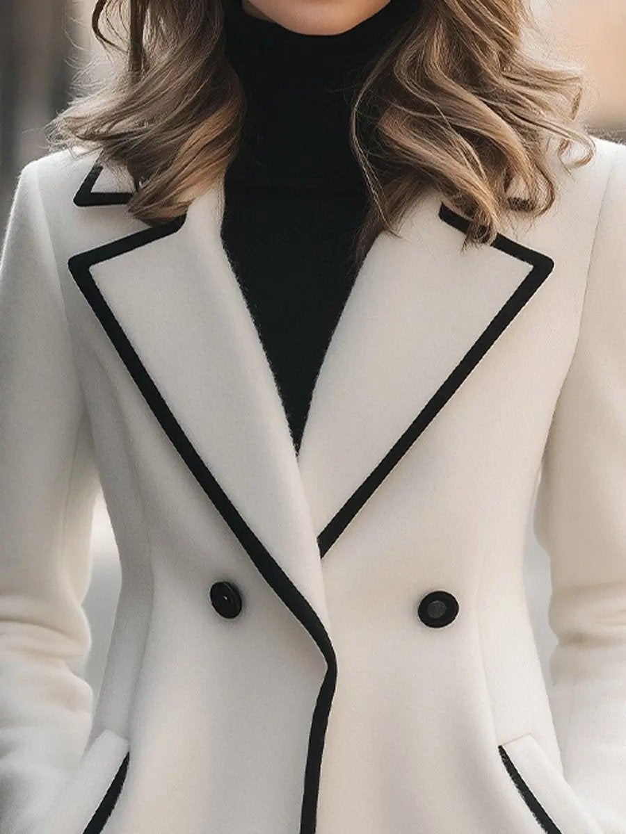 Chic Double-Breasted White Coat with Black Trim - Women's Coat CASA LARO