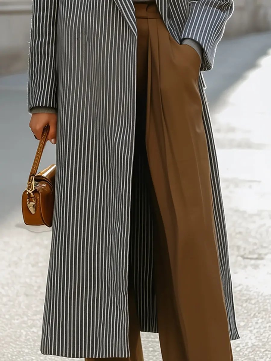 Chic Women's Striped Lapel Collar - Longline Coat CASA LARO