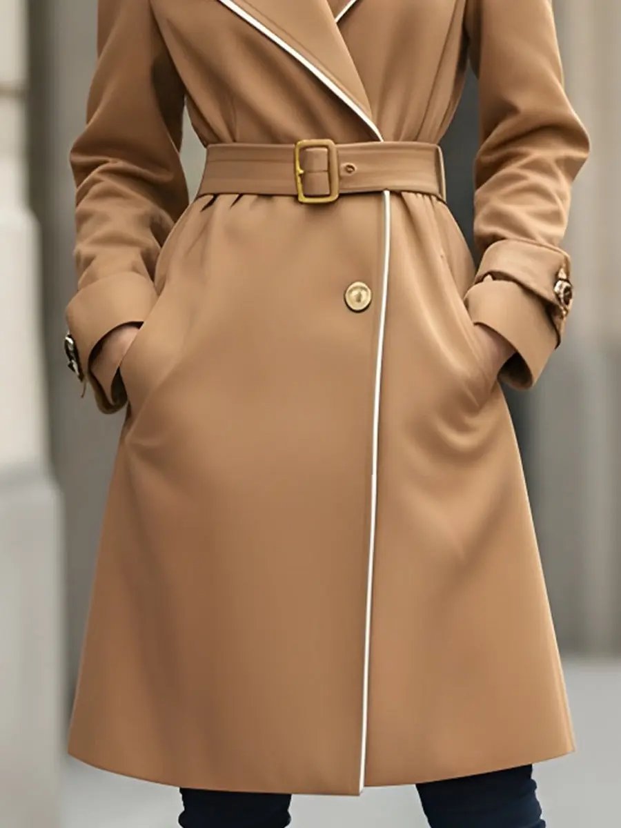 Classic Camel Belted Trench With White Piping - Trench Coat CASA LARO