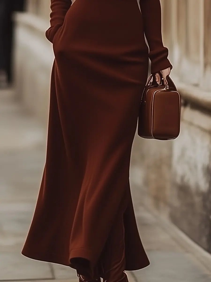 Classic Chocolate Brown Turtleneck - Midi Dress CASA LARO