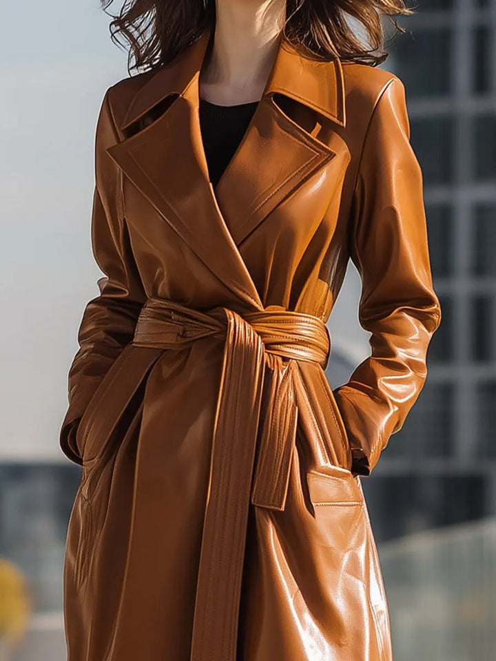 Cognac Faux Leather Belted Longline - Trench Coat CASA LARO