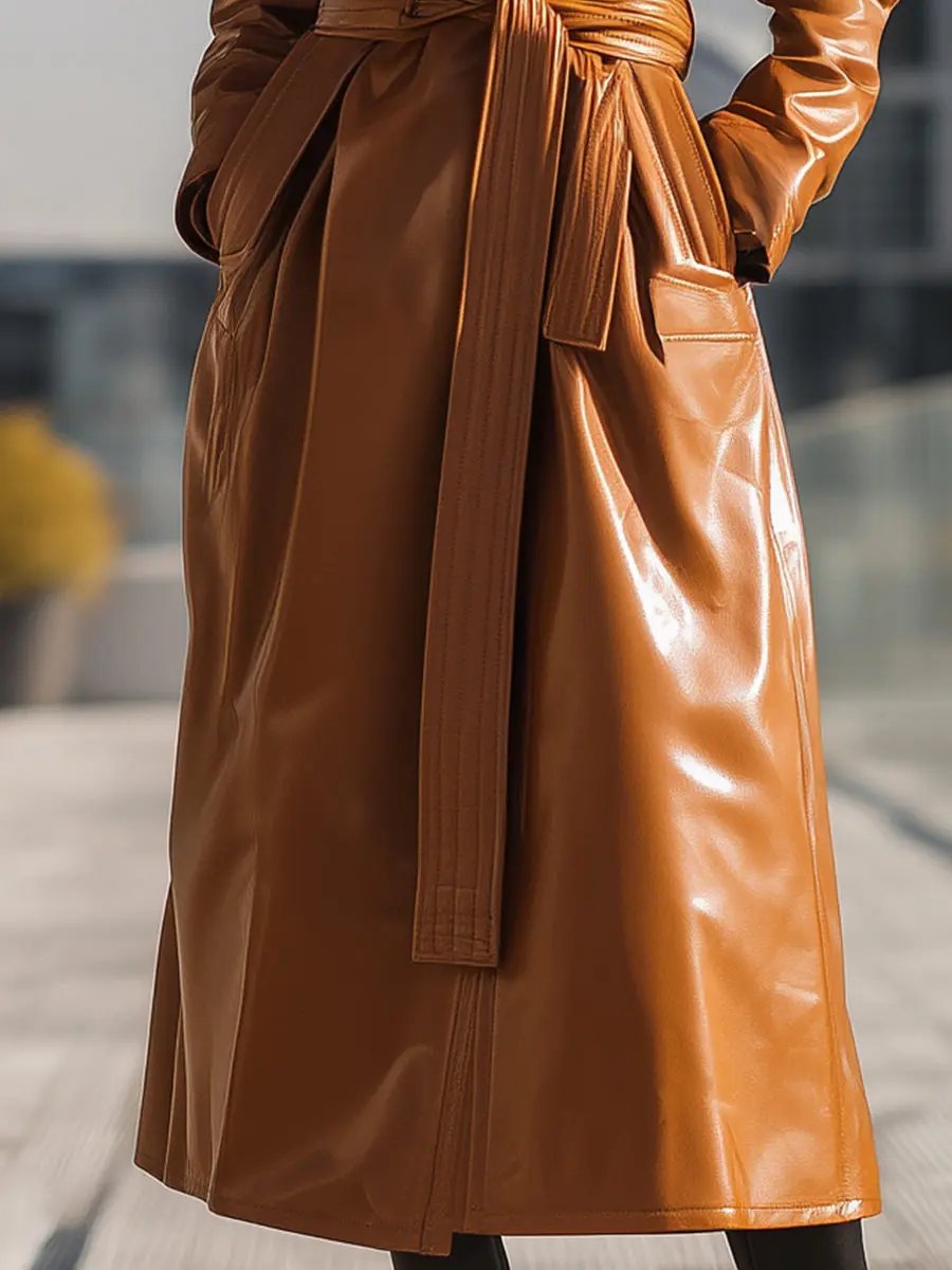 Cognac Faux Leather Belted Longline - Trench Coat CASA LARO