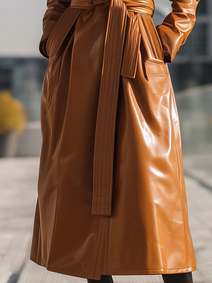 Cognac Faux Leather Belted Longline - Trench Coat CASA LARO