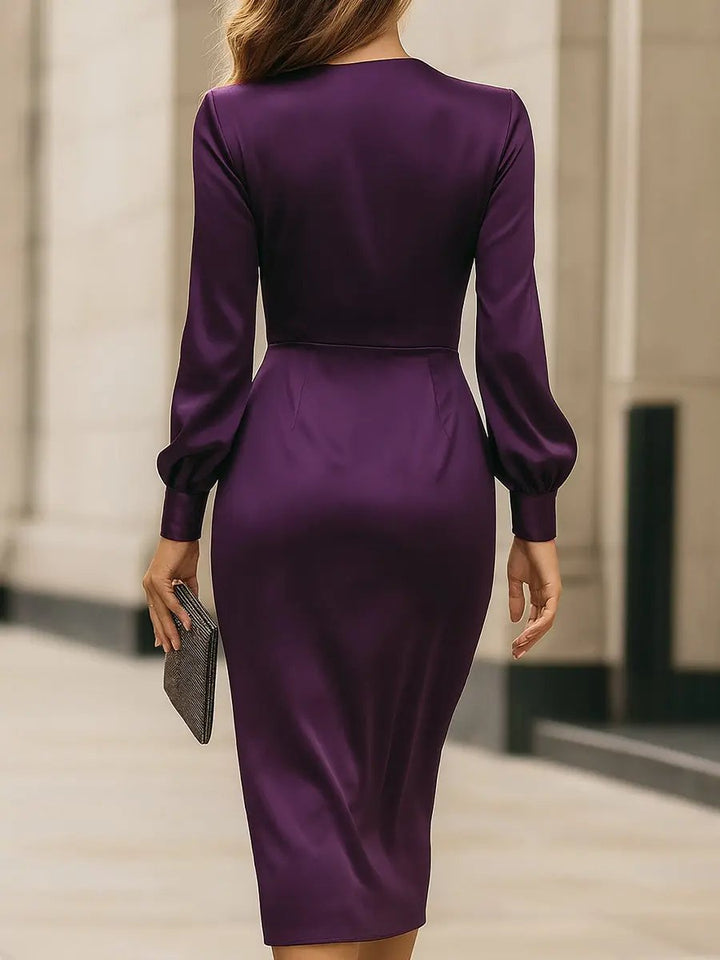 Deep Plum Satin Wrap with Tie Waist - Midi Dress CASA LARO