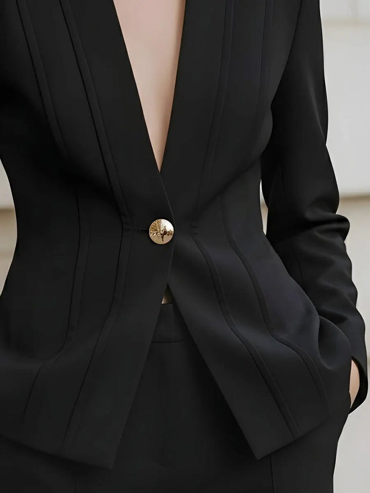 Deep Plunge V-Neck with Statement Gold Button - Blazer CASA LARO