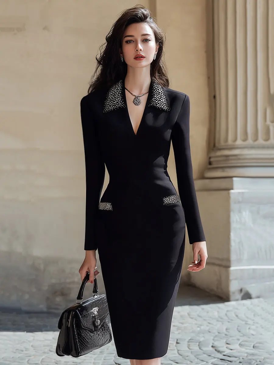 Elegant Beaded Collar Bodycon Evening Partywear - Midi Dress CASA LARO