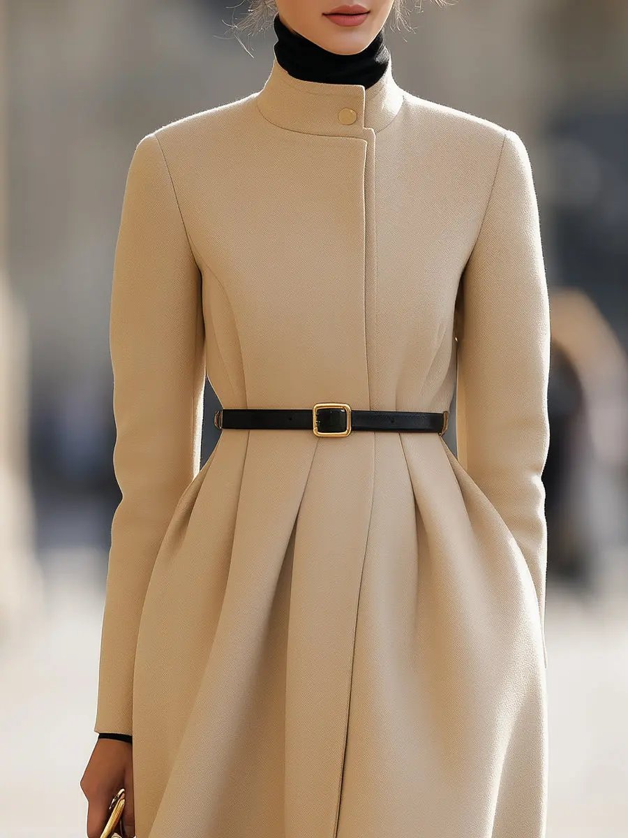 Elegant Beige Belted Tailored Trench - Midi Coat CASA LARO