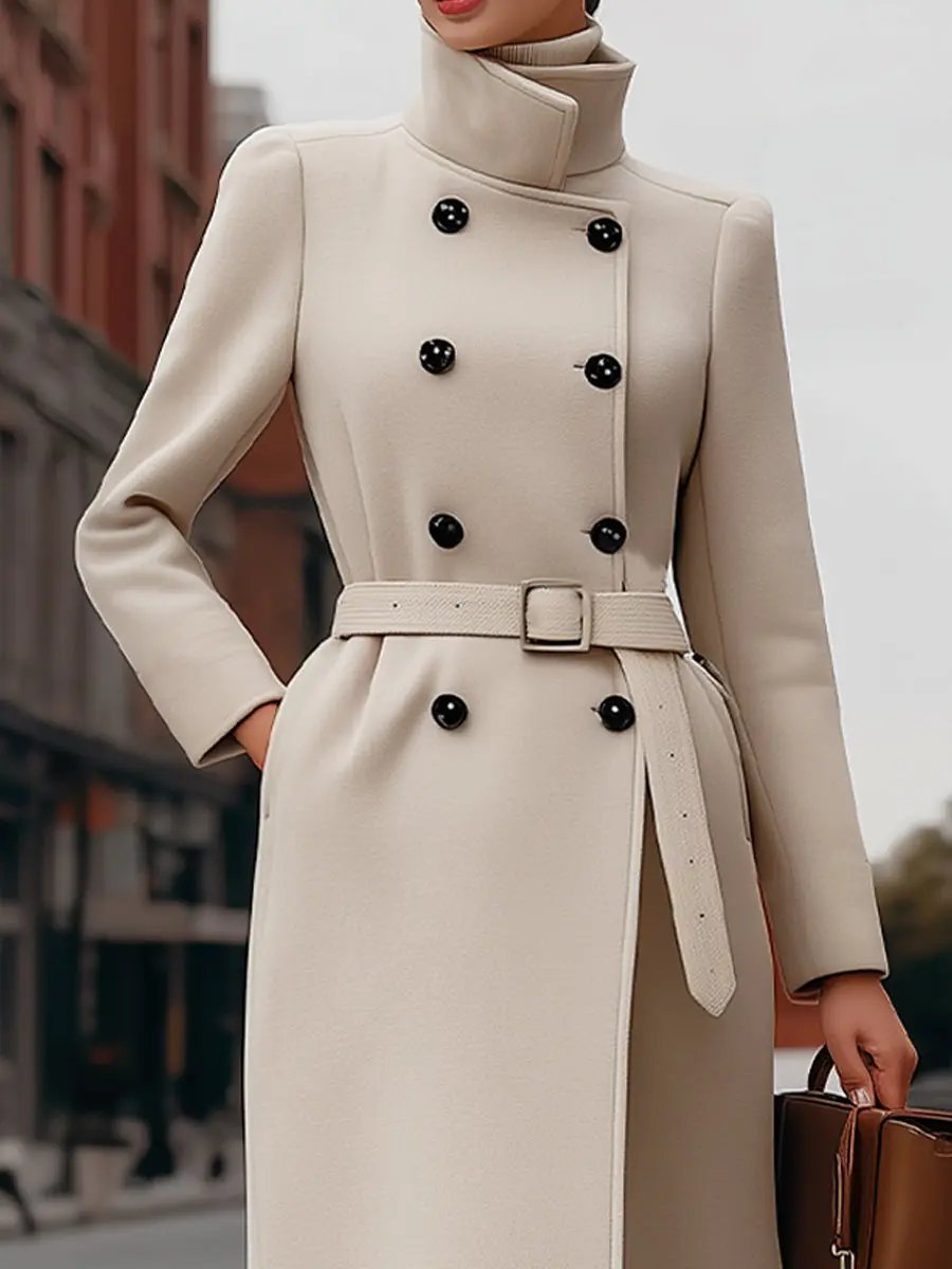 Elegant Beige Double-Breasted Belted - Coat CASA LARO