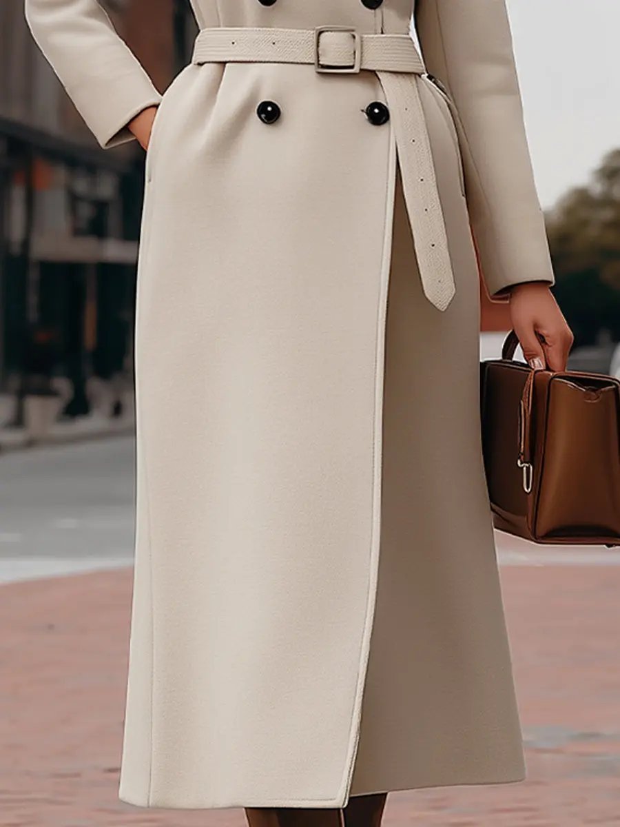 Elegant Beige Double-Breasted Belted - Coat CASA LARO