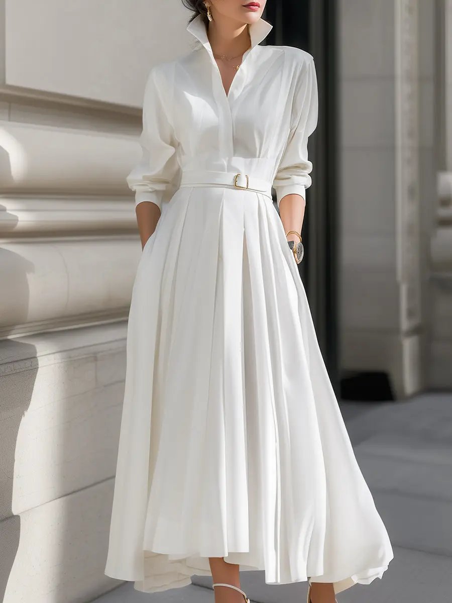 Elegant Belted Shirt Dress with Pleated Skirt - Midi Dress CASA LARO