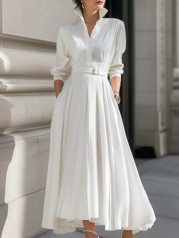 Elegant Belted Shirt Dress with Pleated Skirt - Midi Dress CASA LARO