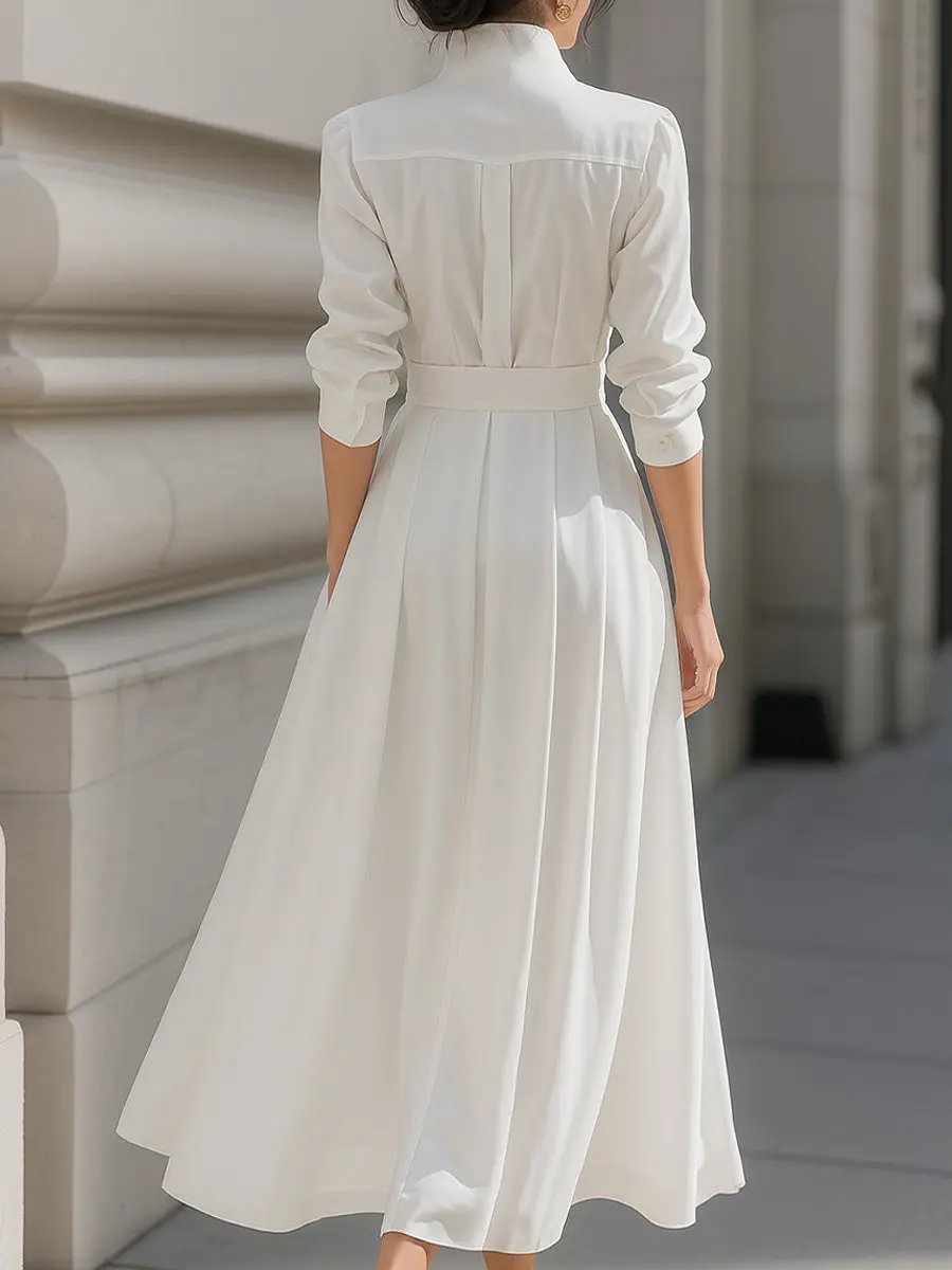 Elegant Belted Shirt Dress with Pleated Skirt - Midi Dress CASA LARO