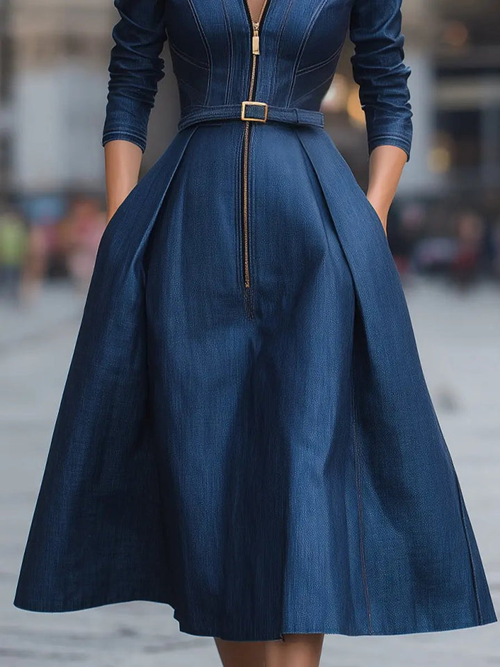 Elegant Belted Zippered Denim - Midi Dress CASA LARO