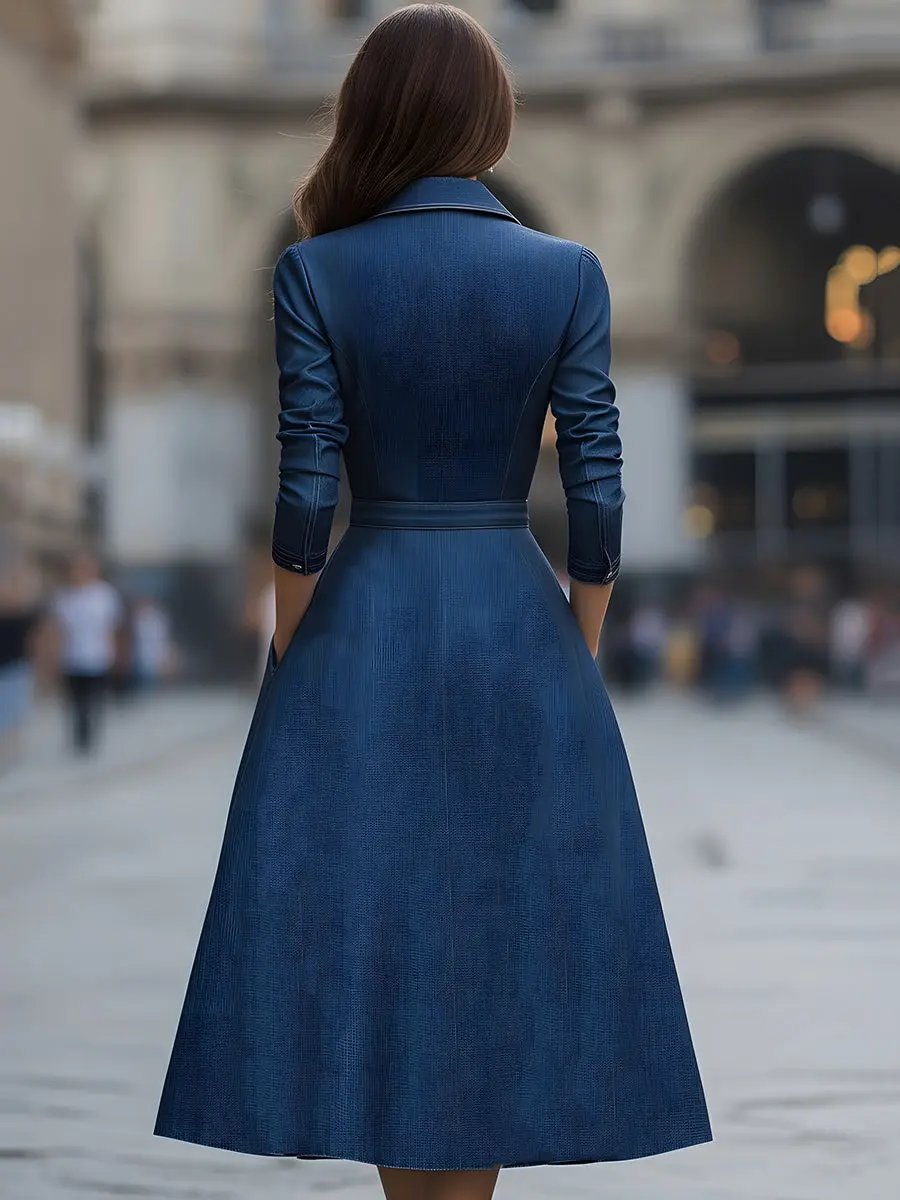 Elegant Belted Zippered Denim - Midi Dress CASA LARO