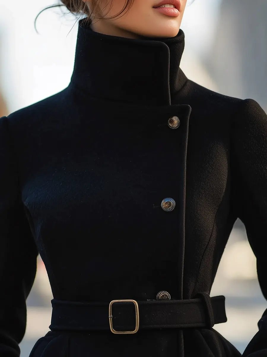 Elegant Black Belted Wool-Blend Tailored - Coat CASA LARO