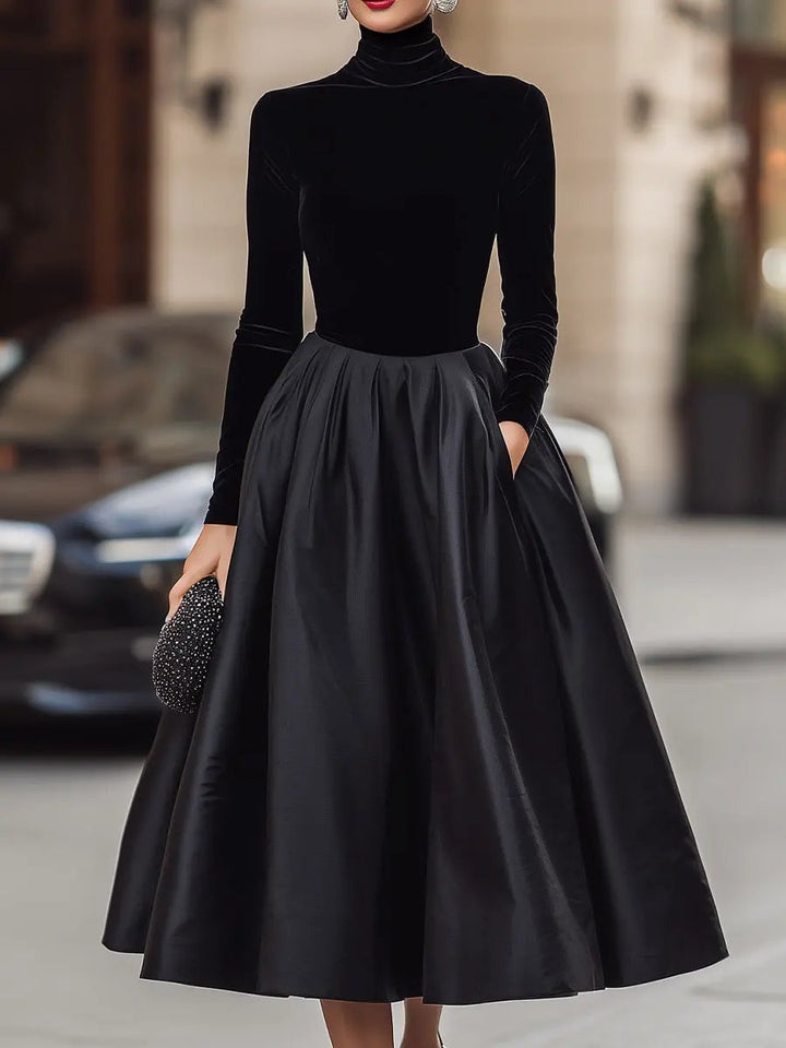 Elegant Black Velvet With Satin Trim - Midi Dress CASA LARO