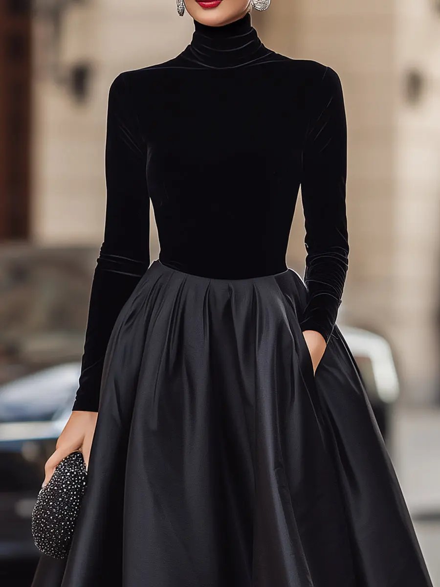 Elegant Black Velvet With Satin Trim - Midi Dress CASA LARO