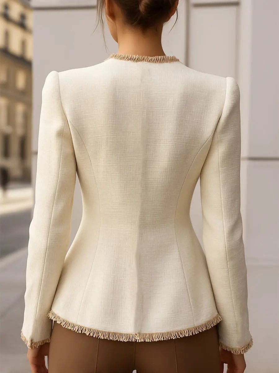 Elegant Cream Textured Tailored Blazer with Decorative Trim - Women's Blazer CASA LARO