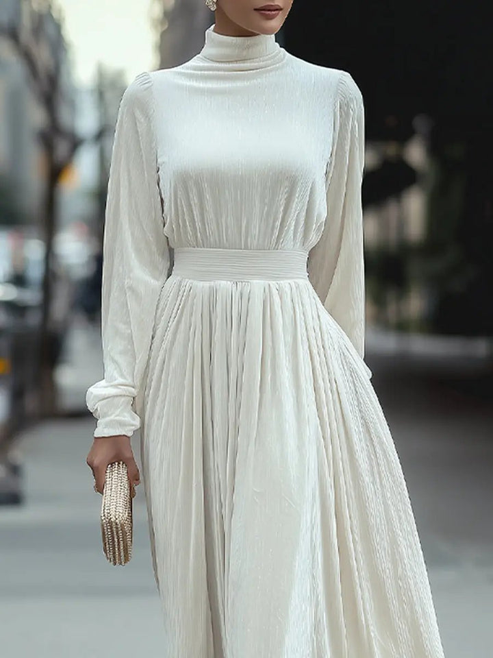 Elegant High-Neck Pleated White - Maxi Dress CASA LARO
