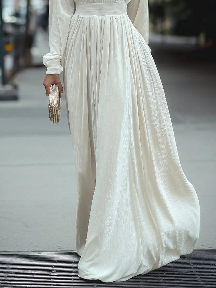 Elegant High-Neck Pleated White - Maxi Dress CASA LARO