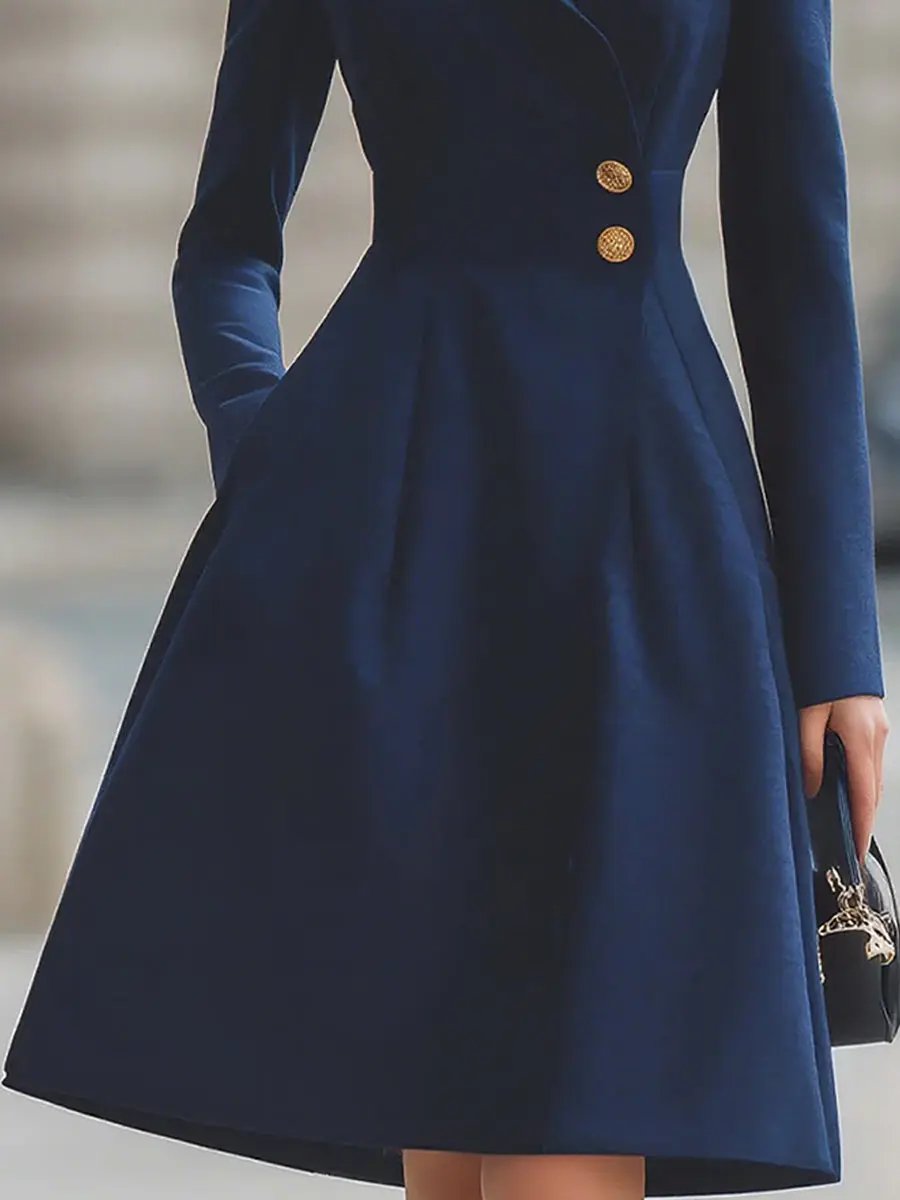 Elegant Navy Blue Tailored-Fit Flared Coat Dress - Midi Dress CASA LARO