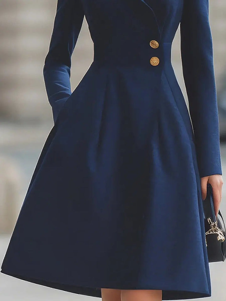 Elegant Navy Blue Tailored-Fit Flared Coat Dress - Midi Dress CASA LARO